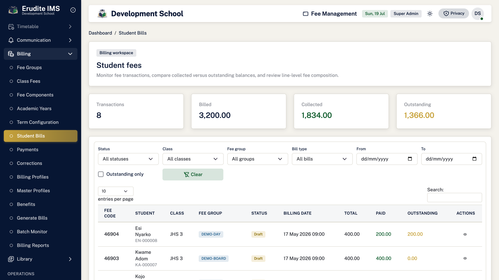 EruditeIMS student fees workspace comparing billed, collected, and outstanding balances