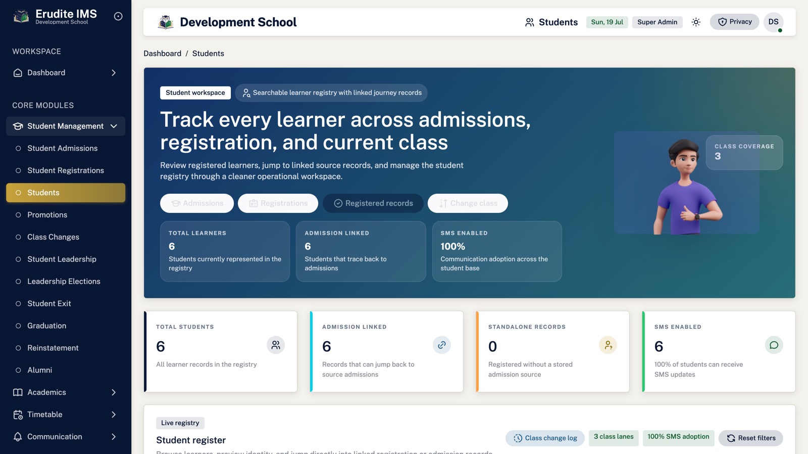 EruditeIMS student registry with admission-linked learner records